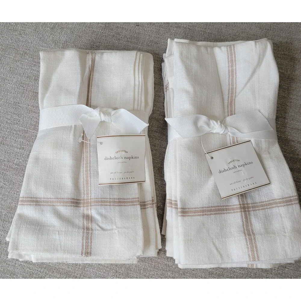 Pottery‎ Barn Dishcloth Napkins Set of 4 Cream & Beige 20x20 100 Cotton NEW